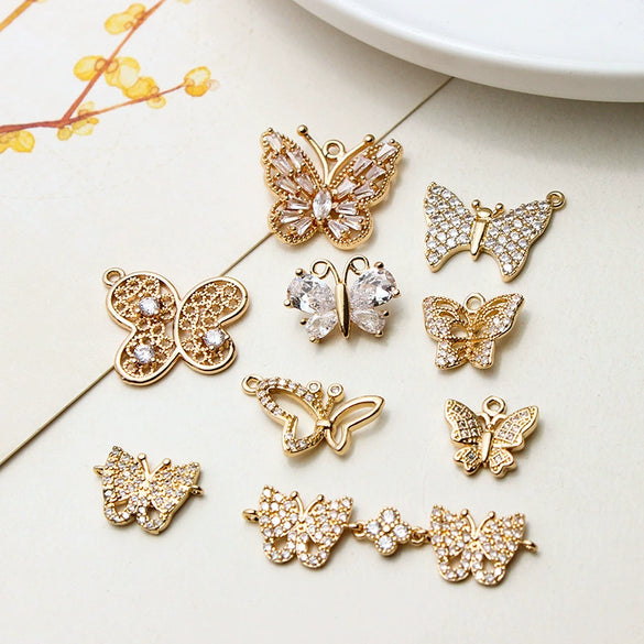 Copper Gold Plated Micro Inlaid Zircon Butterfly Connector Pendant For Earrings Necklace Bracelet And Hairpin Sweet Animal Style
