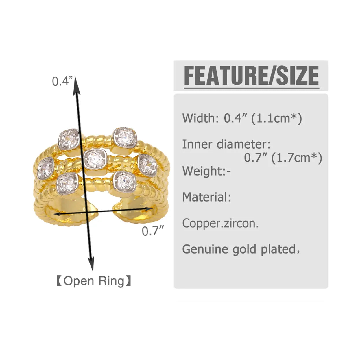 Copper Gold Plated Modern Style Simple Style Plating Inlay Irregular Zircon Open Rings