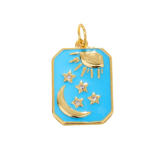 Copper Gold Plated Pendant Necklace With Moon Star Abalone Shell And Dripping Oil Vintage Enamel Design