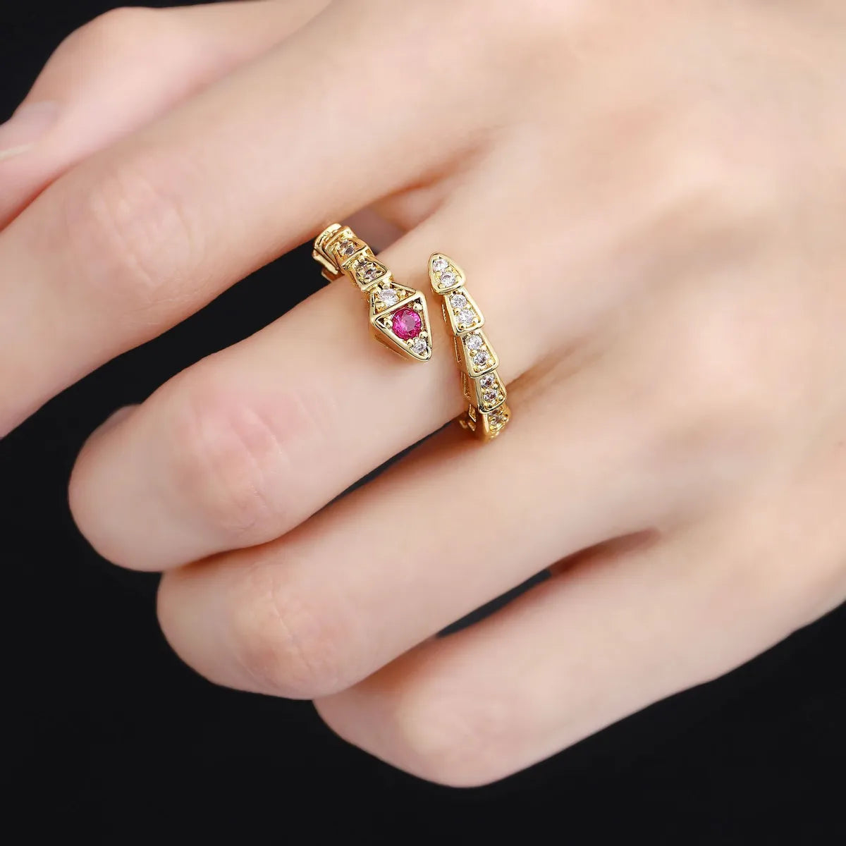 Copper Gold Plated Retro Plating Inlay Snake Zircon Open Rings