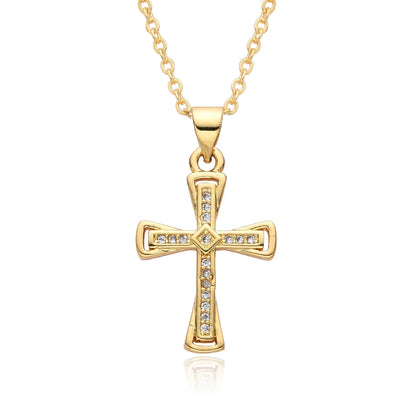 Copper Gold Plated Simple Style Shiny Cross Hollow Out Inlay Zircon Pendant Necklace