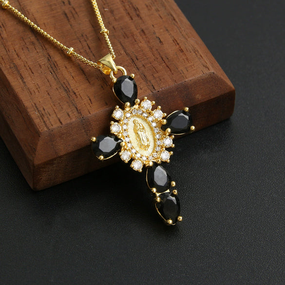 Copper Goldplated Micro Inlaid Zircon Cross Pendant Necklace Geometric Style