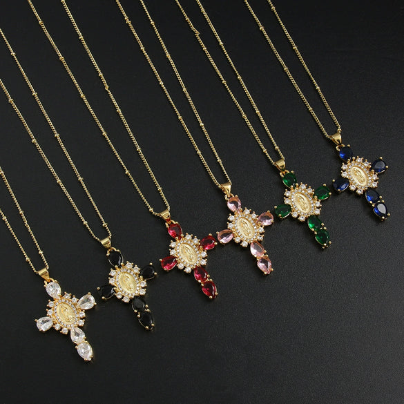 Copper Goldplated Micro Inlaid Zircon Cross Pendant Necklace Geometric Style