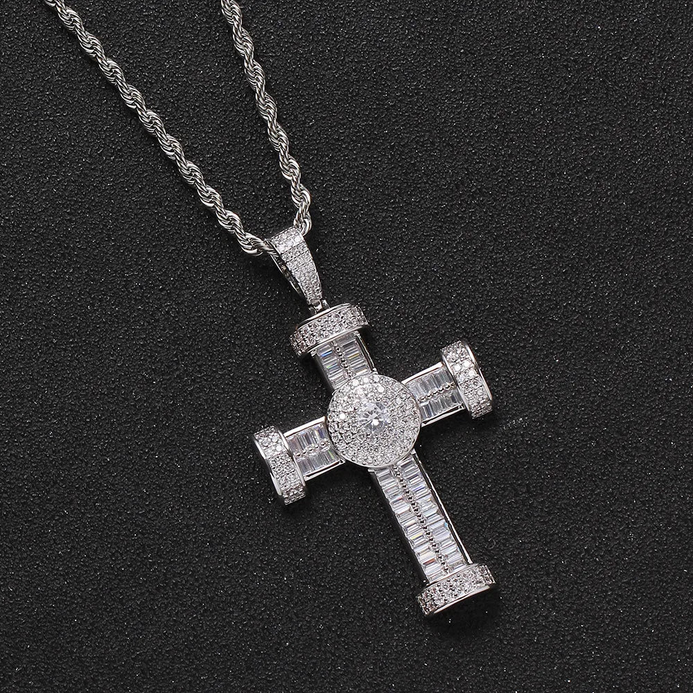 Copper Hip-Hop Inlay Geometric Cross Zircon Pendant Necklace