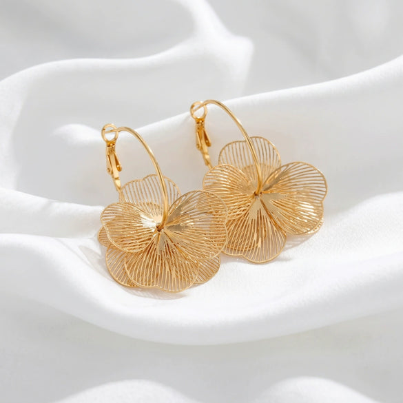 Copper Hollow Flower Hoop Earrings With Stainless Steel Ear Posts Electroplated Exaggerated Floral Jewelry For Women