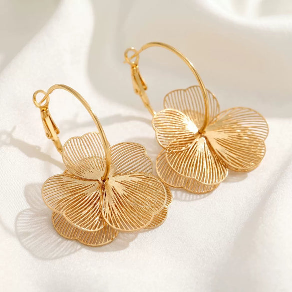 Copper Hollow Flower Hoop Earrings With Stainless Steel Ear Posts Electroplated Exaggerated Floral Jewelry For Women