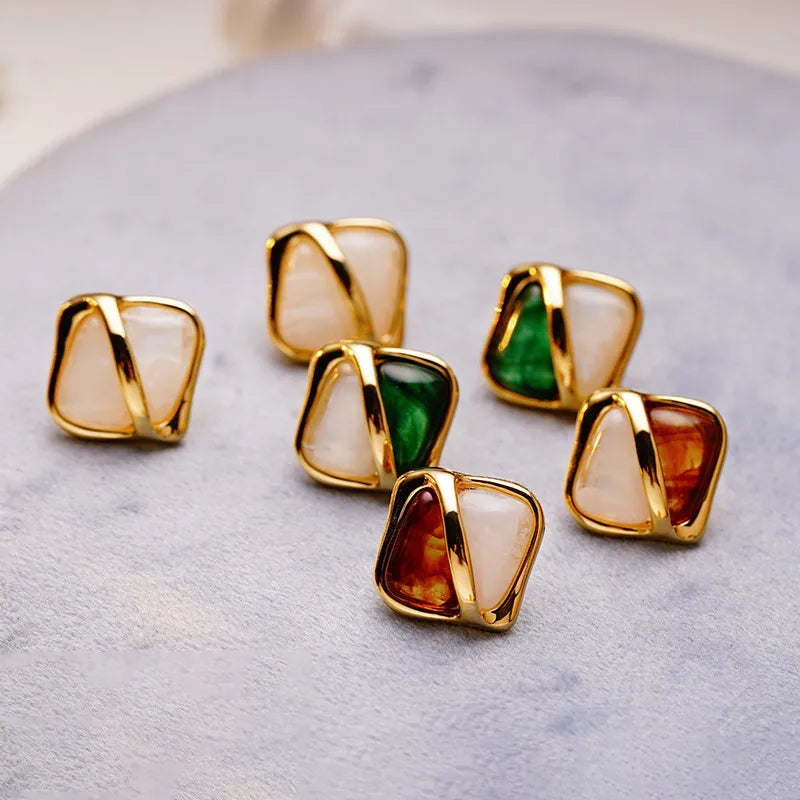 Copper IG Style Quadrilateral Plating Inlay Resin Ear Studs