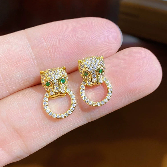 Copper Inlaid Zircon Animals Style Electroplated Hiphop Cheetah Leopard Head Earrings