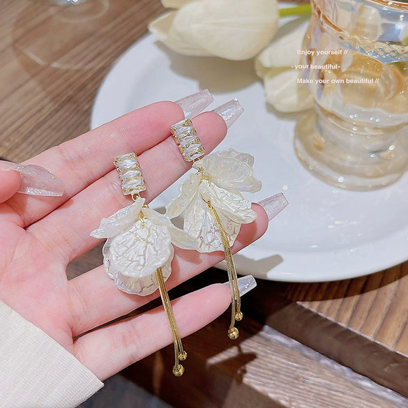 Copper Inlaid Zircon Flower Petal Tassel Women's Earrings