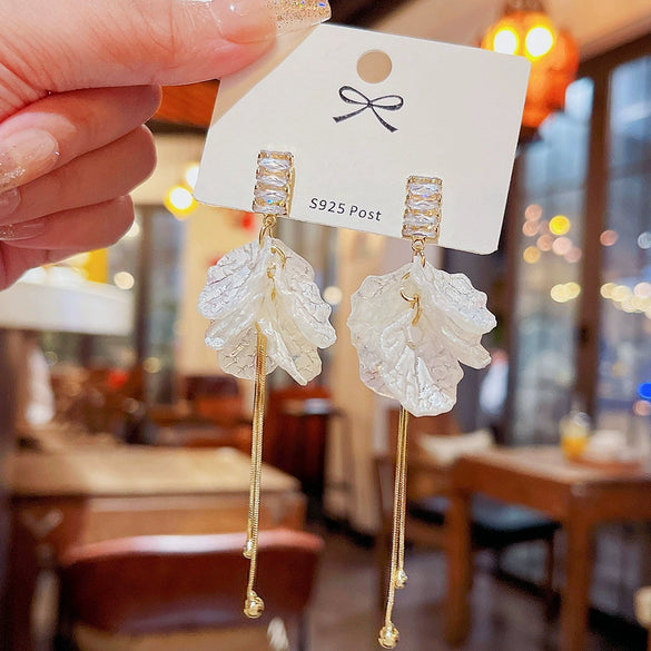 Copper Inlaid Zircon Flower Petal Tassel Women's Earrings