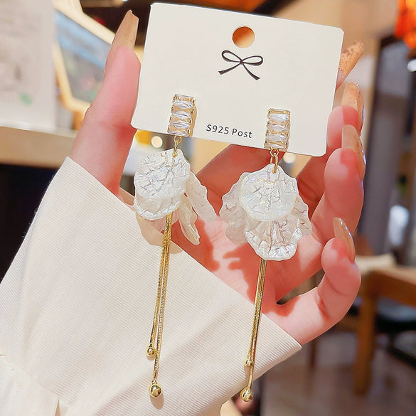Copper Inlaid Zircon Flower Petal Tassel Women's Earrings