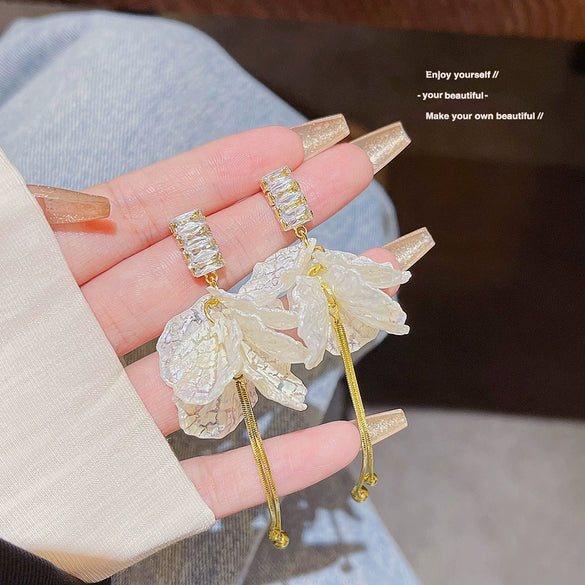 Copper Inlaid Zircon Flower Petal Tassel Women's Earrings