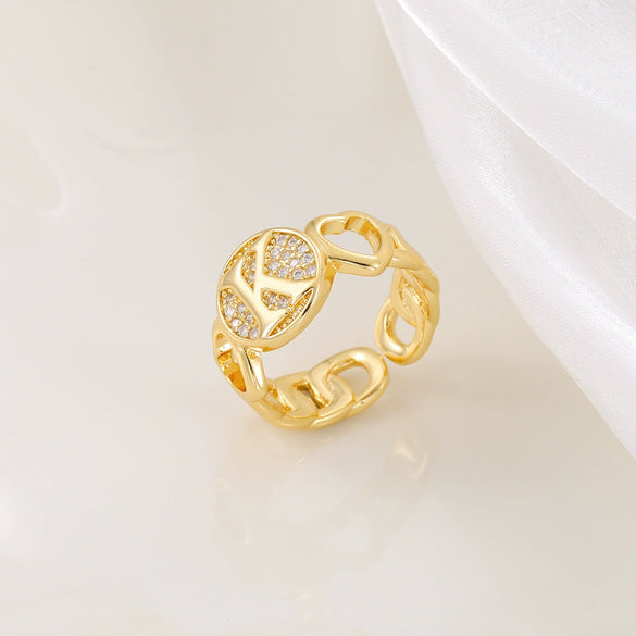 Copper Inlaid Zircon 18K Gold Plated Heart Letter Ring For Women