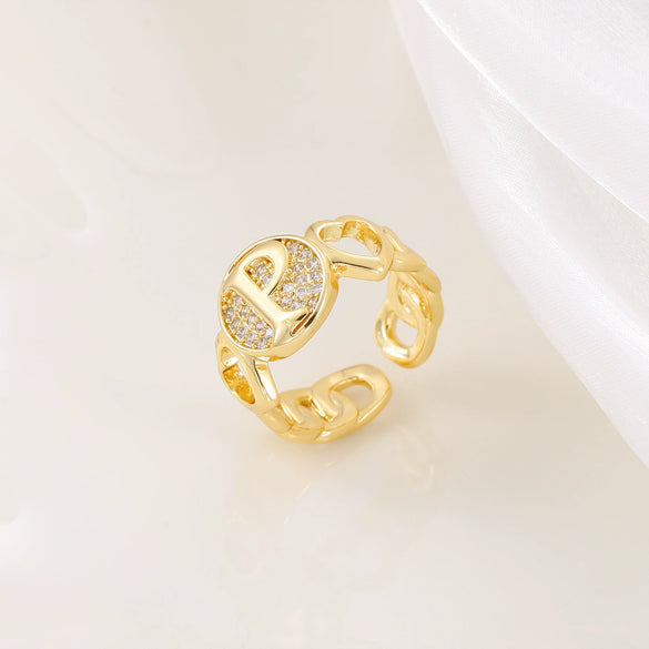Copper Inlaid Zircon 18K Gold Plated Heart Letter Ring For Women