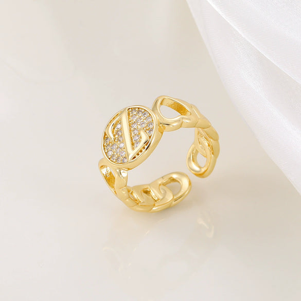 Copper Inlaid Zircon 18K Gold Plated Heart Letter Ring For Women