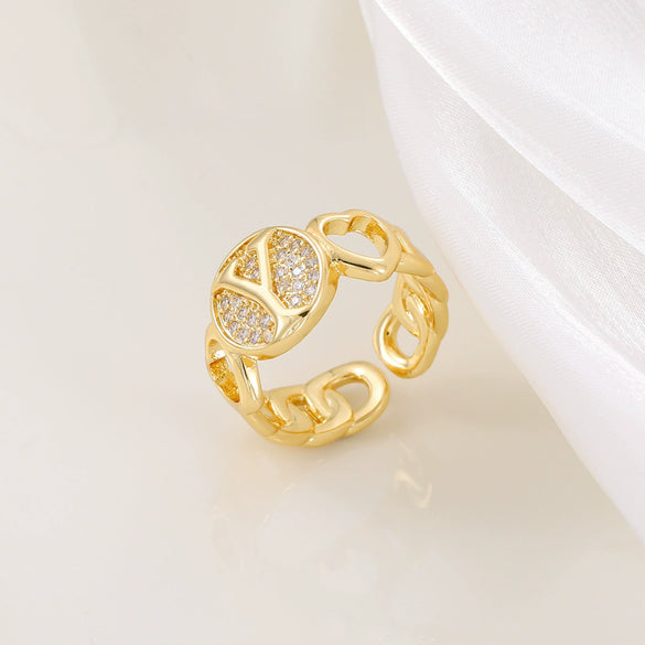 Copper Inlaid Zircon 18K Gold Plated Heart Letter Ring For Women
