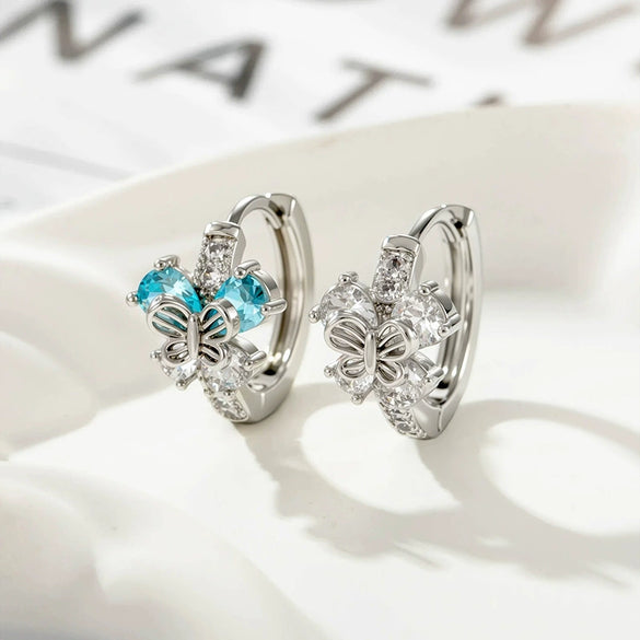 Copper Inlaid Zircon Sweet Style Butterfly Earrings For Women