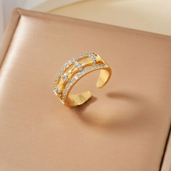 Copper Inlaid Zirconium Geometric Cross Asymmetrical Open Ring Electroplated Fashion Jewelry For Men And Women
