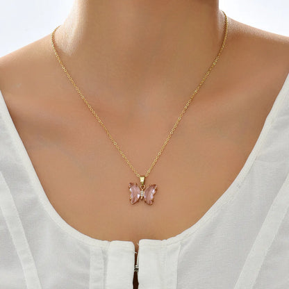 Copper Inlay Butterfly Zircon Pendant Necklace