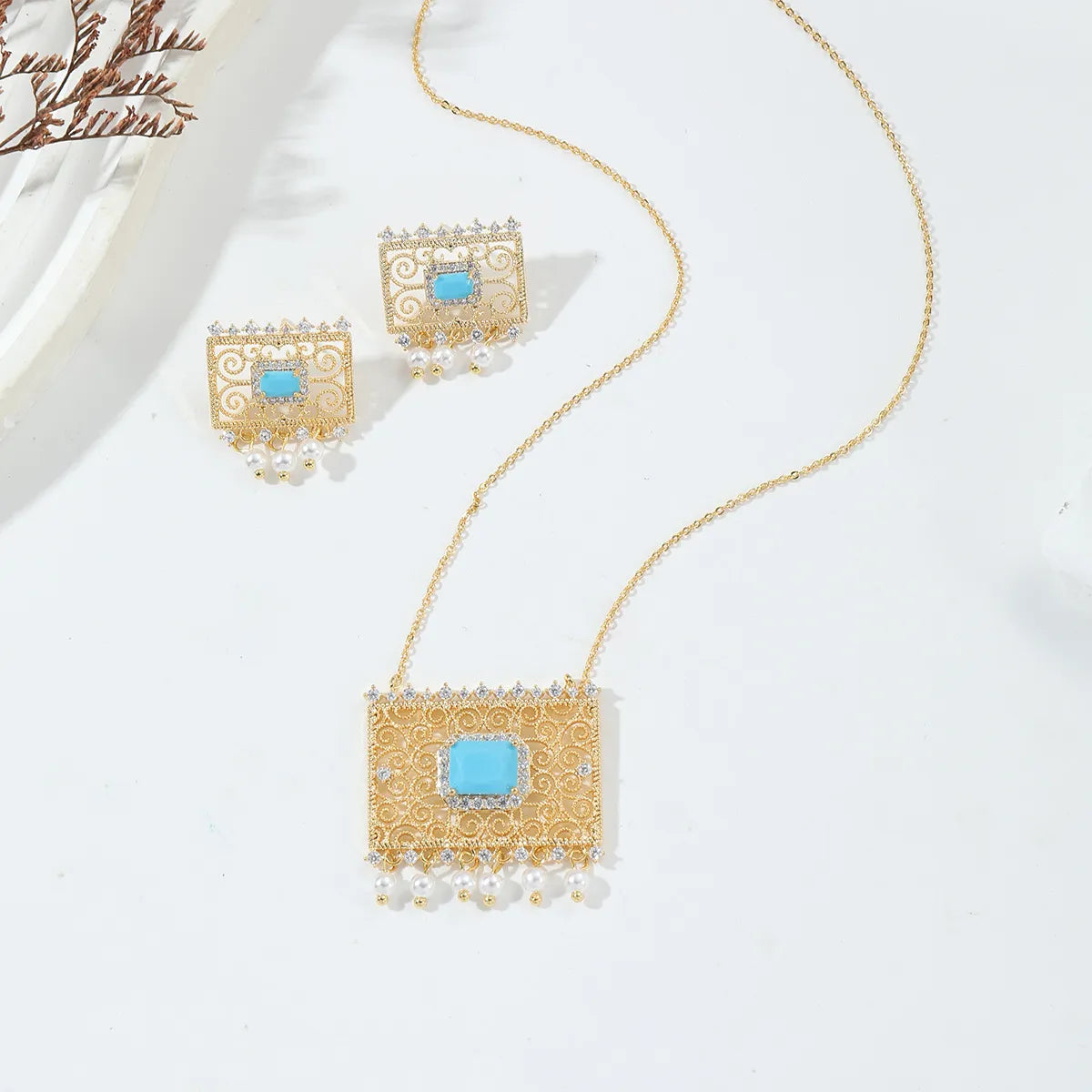 Copper Inlay Color Block Turquoise Jewelry Set