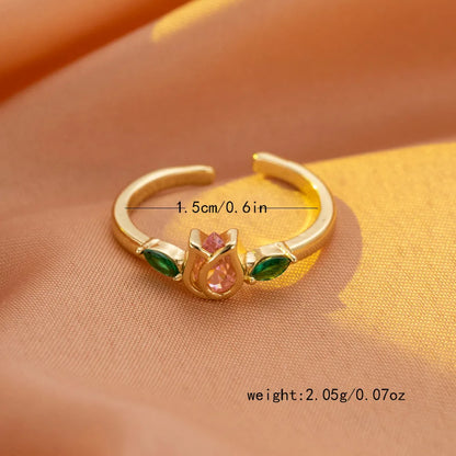 Copper Inlay Flower Zircon Open Rings