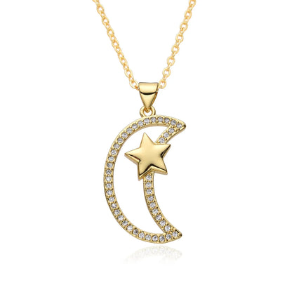 Copper Inlay Geometric Star Moon Zircon Pendant Necklace