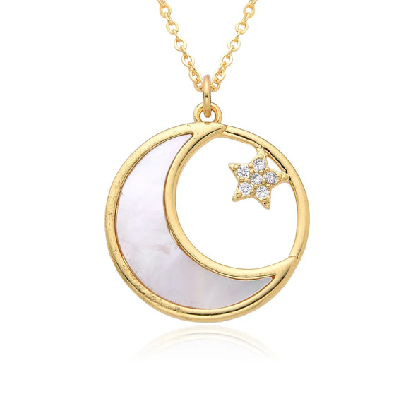 Copper Inlay Geometric Star Moon Zircon Pendant Necklace