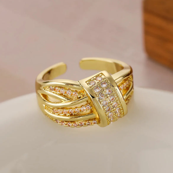 Copper Inlay Geometric Zircon Open Rings