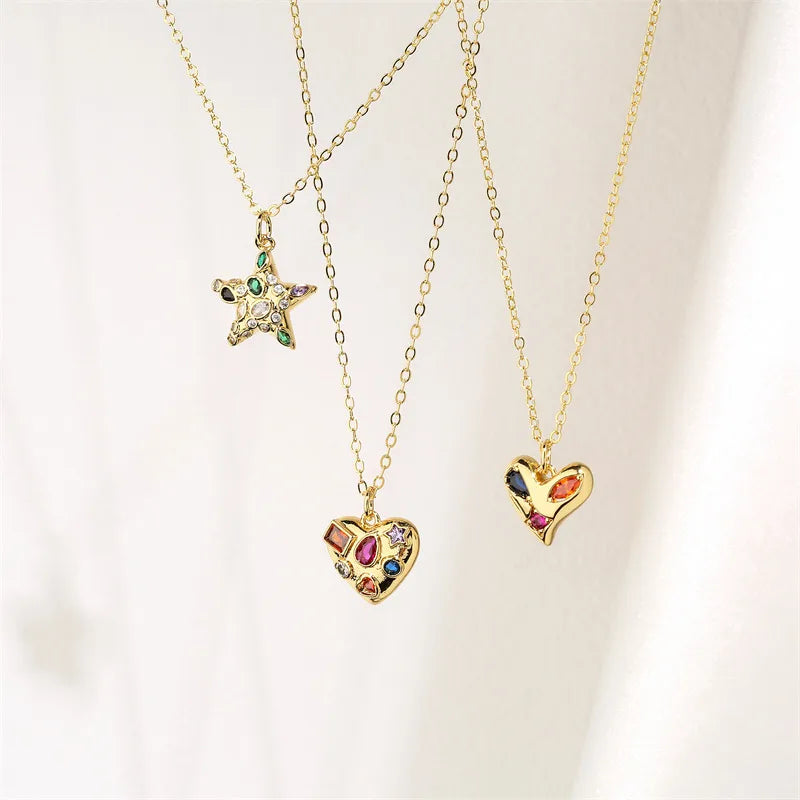 Copper Inlay Heart Shape Rhinestones Pendant Necklace