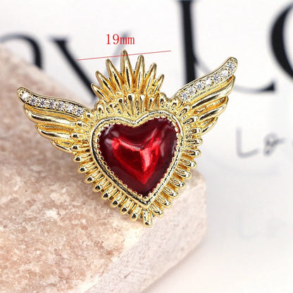 Copper Inlay Heart Shape Wings Zircon Open Rings