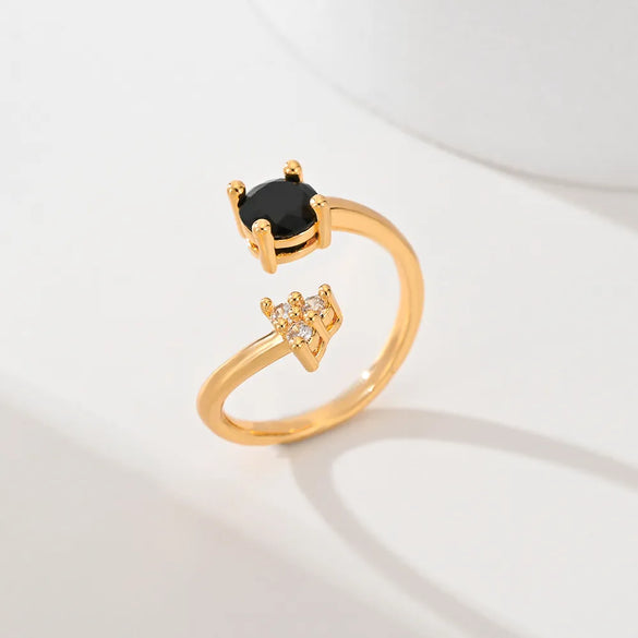 Copper Inlay Leaves Flower Zircon Open Rings