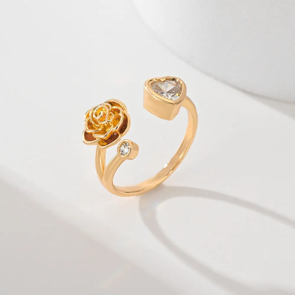 Copper Inlay Leaves Flower Zircon Open Rings