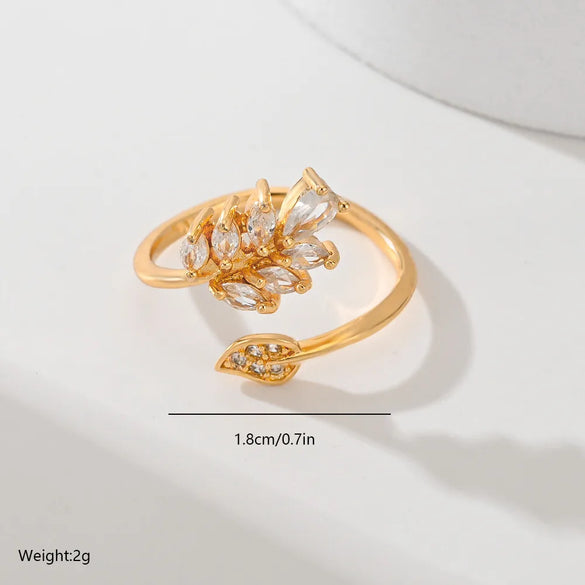 Copper Inlay Leaves Flower Zircon Open Rings