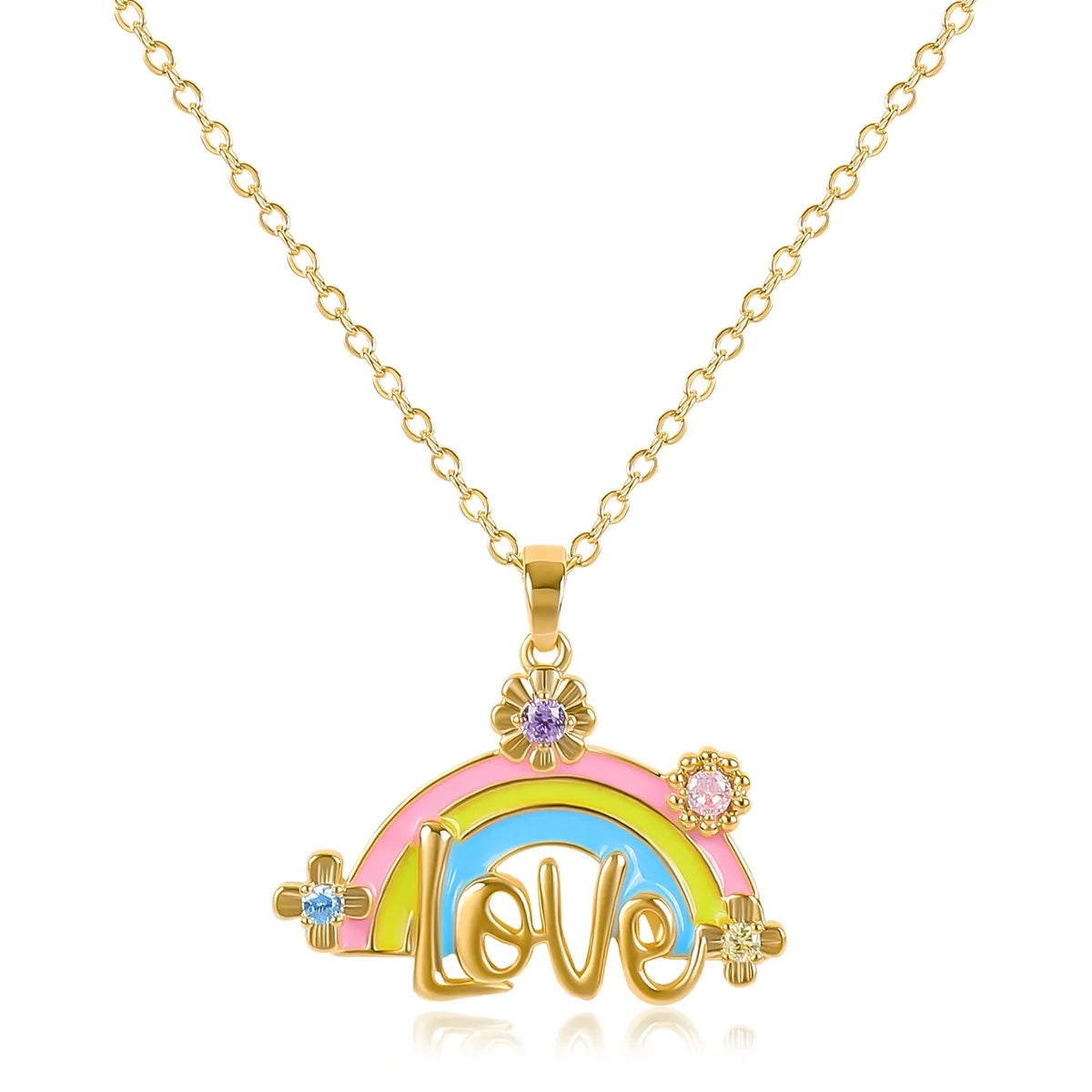 Copper Inlay Letter Rainbow Rhinestones Pendant Necklace