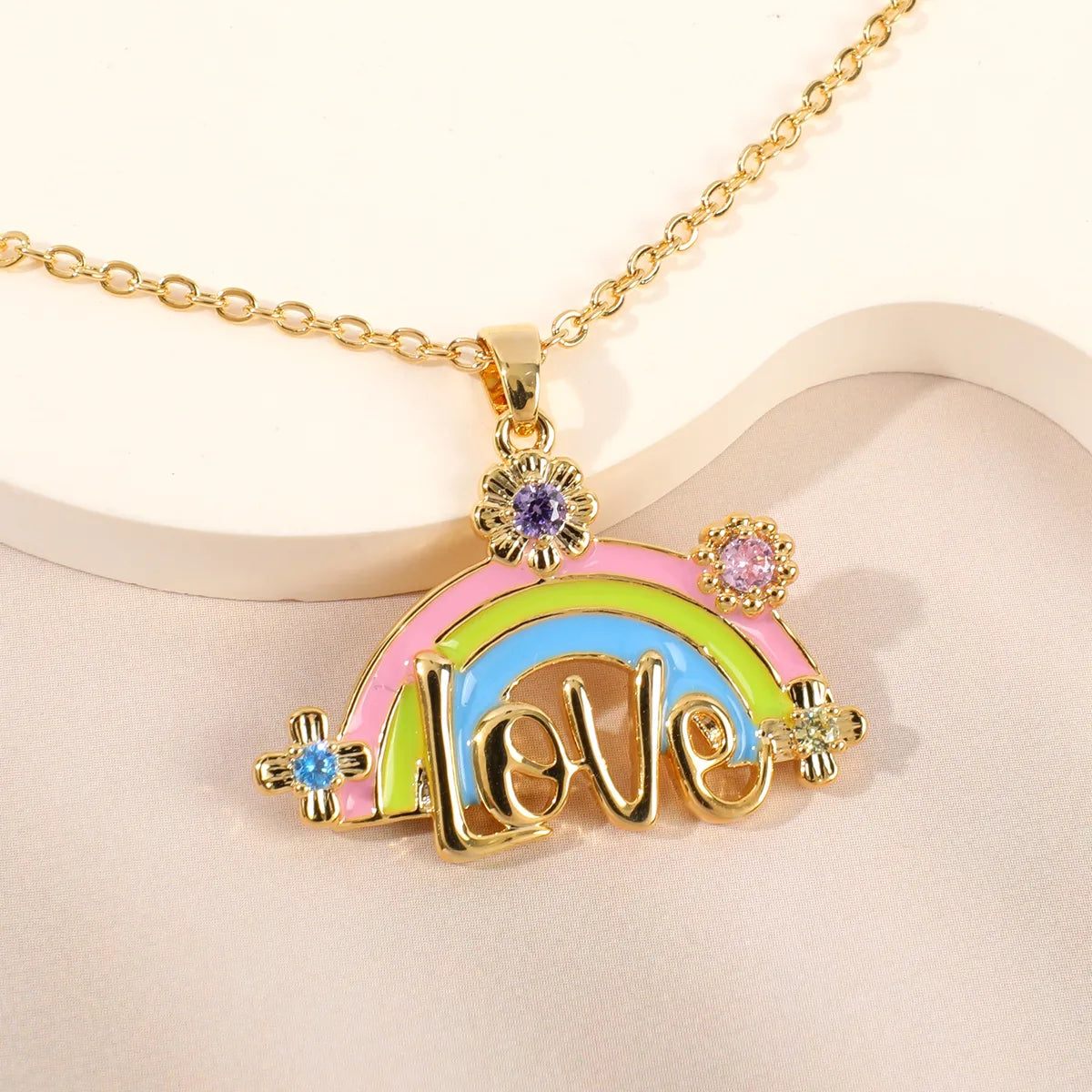 Copper Inlay Letter Rainbow Rhinestones Pendant Necklace