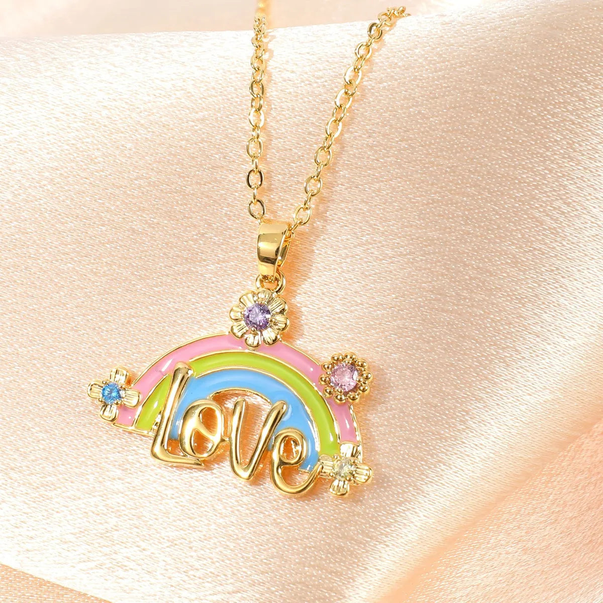 Copper Inlay Letter Rainbow Rhinestones Pendant Necklace