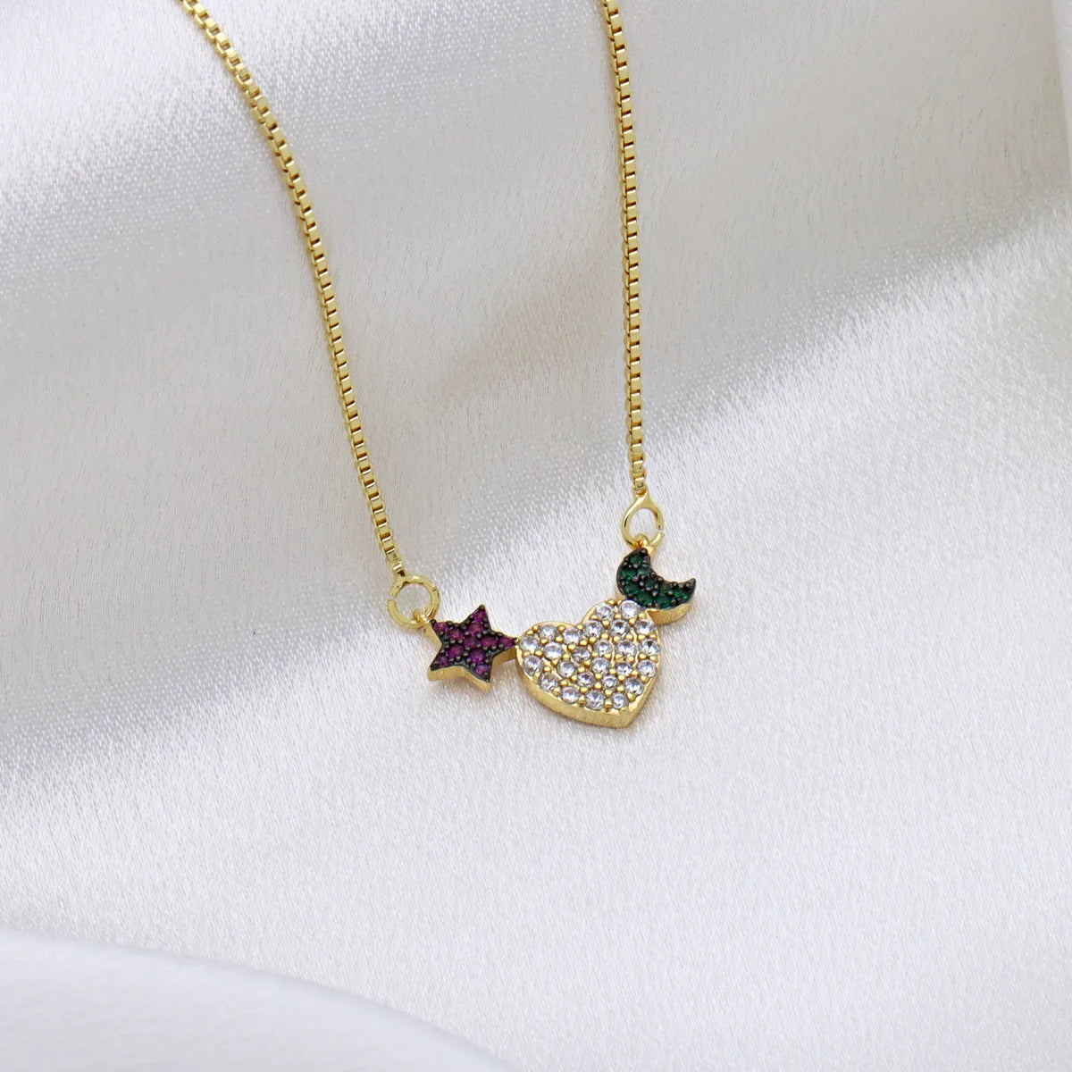 Copper Inlay Star Moon Heart Shape Zircon Pendant Necklace