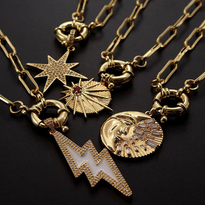 Copper Inlay Sun Star Moon Zircon Pendant Necklace