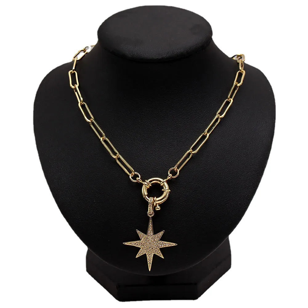 Copper Inlay Sun Star Moon Zircon Pendant Necklace