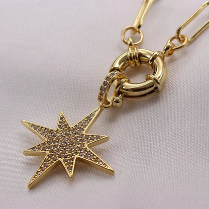 Copper Inlay Sun Star Moon Zircon Pendant Necklace