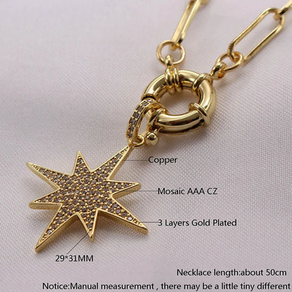 Copper Inlay Sun Star Moon Zircon Pendant Necklace