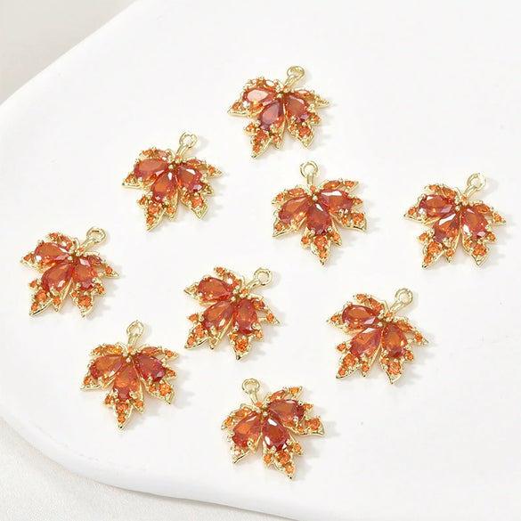 Copper Jewelry With 14K Gold Plated Red Zircon Maple Leaf Pendant Electroplating Treatment Plant Flowers Style