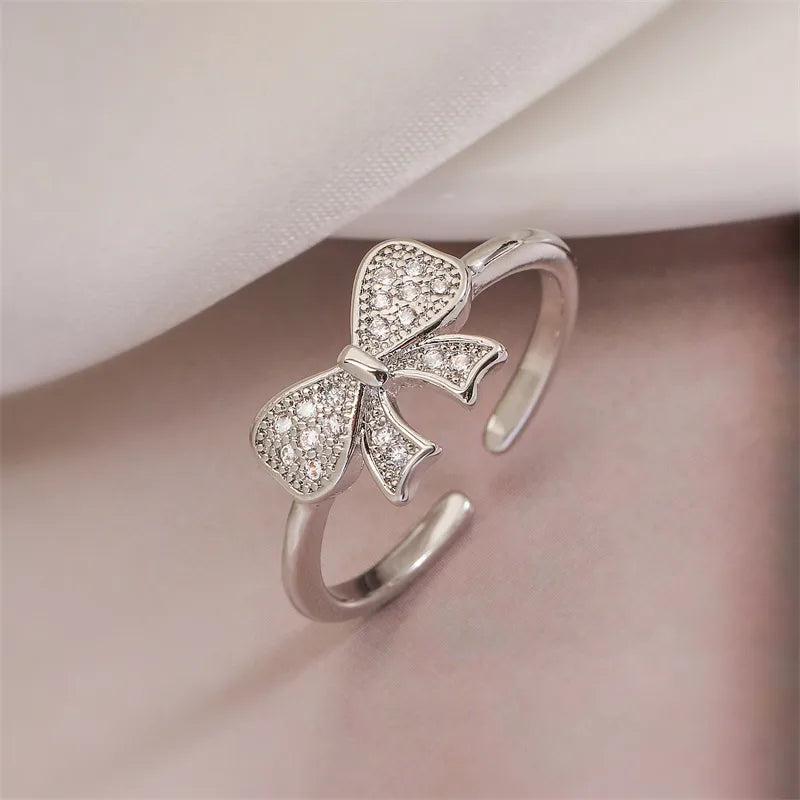 Copper K Gold Plated Elegant Commute Plating Inlay Bow Knot Zircon Open Rings