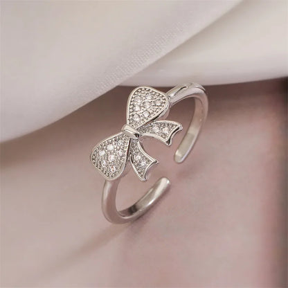 Copper K Gold Plated Elegant Commute Plating Inlay Bow Knot Zircon Open Rings