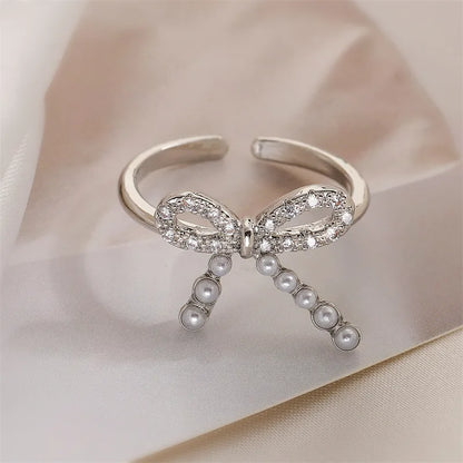 Copper K Gold Plated Elegant Commute Plating Inlay Bow Knot Zircon Open Rings