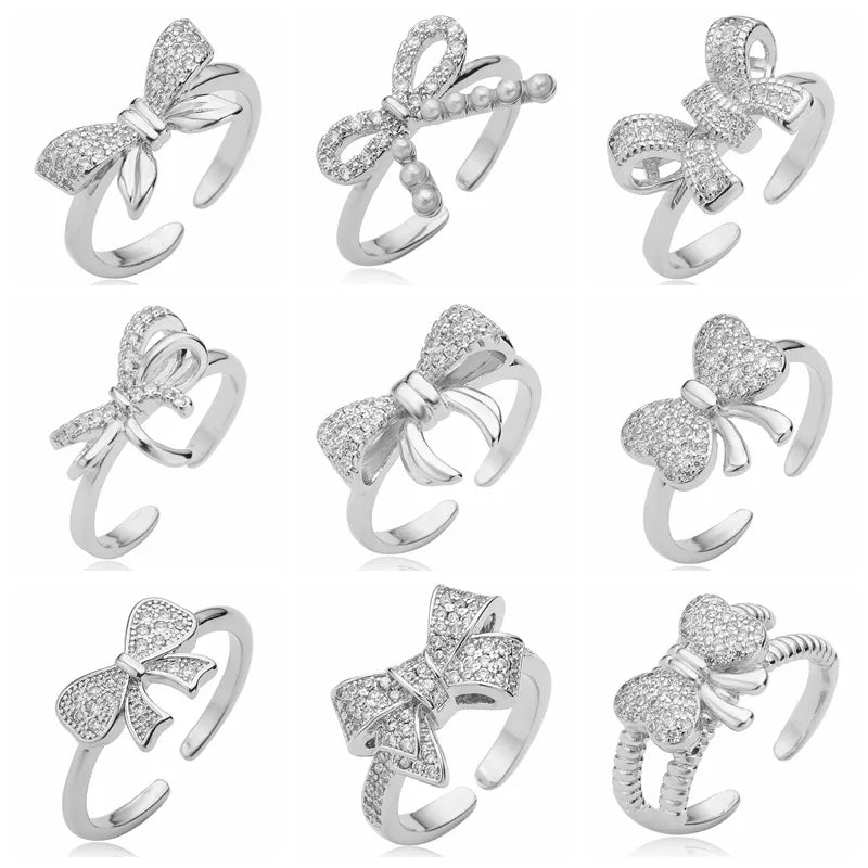 Copper K Gold Plated Elegant Commute Plating Inlay Bow Knot Zircon Open Rings