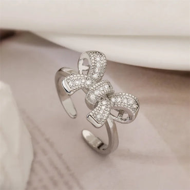 Copper K Gold Plated Elegant Commute Plating Inlay Bow Knot Zircon Open Rings