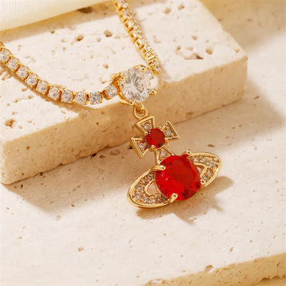 Copper K Gold Plated Elegant Romantic Sweet Inlay Cross Planet Zircon Pendant Necklace