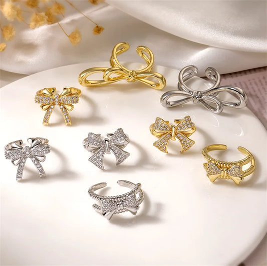 Copper K Gold Plated Elegant Simple Style Plating Inlay Bow Knot Zircon Open Rings