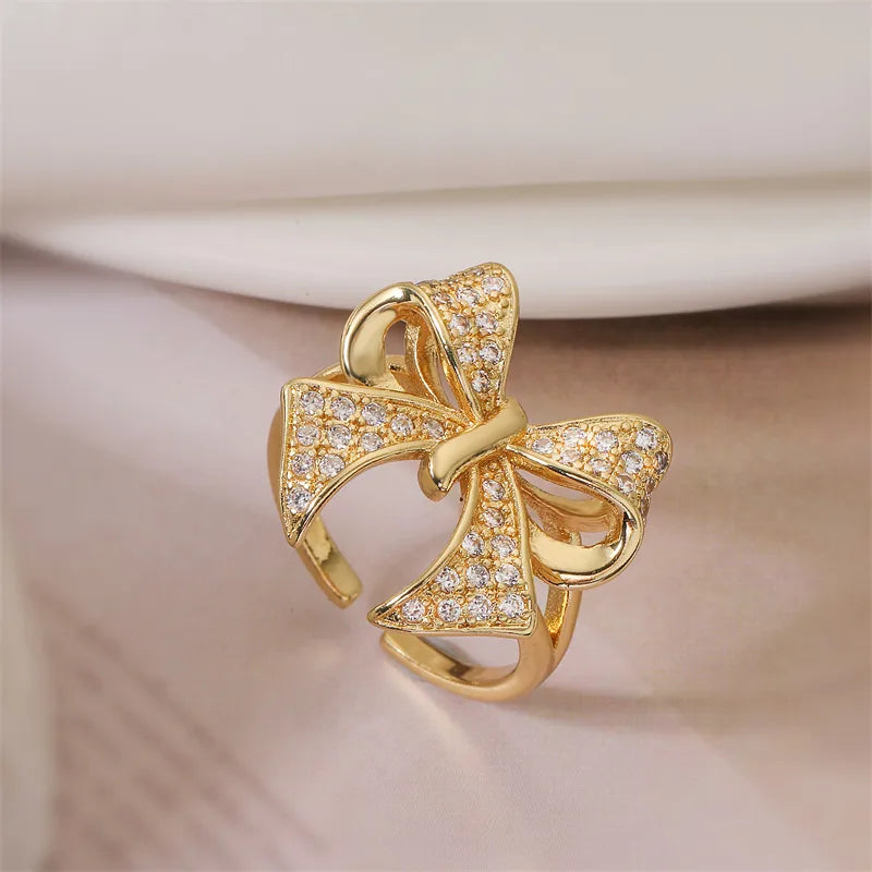 Copper K Gold Plated Elegant Simple Style Plating Inlay Bow Knot Zircon Open Rings